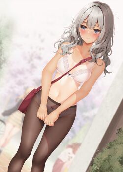 1girl arms_at_sides bag blush bow bow_bra bow_panties bra breasts closed_mouth collarbone commentary_request day double-parted_bangs dutch_angle feet_out_of_frame grey_eyes grey_hair highres large_variant_set long_hair medium_breasts minato_ojitan navel original outdoors panties panties_under_pantyhose pantyhose raised_inner_eyebrows shoulder_bag solo_focus standing stomach tan tanline underwear underwear_only variant_set wavy_hair white_bra white_panties