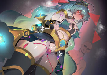 1boy 1girl android aqua_hair bald black_thighhighs blush breasts closed_mouth commentary_request controller duel_monster frilled_skirt frills goggles goggles_on_head green_skirt headgear heart heart-shaped_pupils highres holding holding_remote_control large_breasts long_hair mechanical_arms medium_breasts object_insertion pussy red_hair remote_control remote_control_vibrator ro_g_(oowack) sex_toy single_mechanical_arm skirt sweat symbol-shaped_pupils thighhighs vaginal vaginal_object_insertion vibrator yu-gi-oh! zettai_ryouiki zilofthonia_gorgon