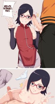 1boy 1girl age_difference black_hair boruto:_naruto_next_generations boruto_(series) breasts censored completely_nude english_text erection glasses handjob kyojiri_loli loli naruto_(series) nipples nude panties penis shirt shorts sleeveless sleeveless_shirt small_breasts sombra222 uchiha_sarada underwear uzumaki_naruto zipper zipper_pull_tab