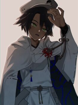 Rule 34 | 1boy, black hair, blush, commentary request, dark-skinned male, dark skin, flower, green eyes, grey background, hair between eyes, hat, highres, ikaruga (rune factory), japanese clothes, long sleeves, male focus, qsxj506, red flower, rune factory, rune factory: guardians of azuma, simple background, solo, spider lily, tassel, white hat, wide sleeves, yin yang