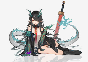 1girl absurdres arknights arm_support bare_shoulders beads black_boots black_hair black_jacket boots breasts bright_pupils cleavage_cutout clothing_cutout collared_dress colored_extremities contrast_collar dragon_girl dragon_horns dragon_tail dress dusk_(arknights) earrings grey_background hair_over_one_eye highres holding holding_paintbrush horns jacket jewelry knee_boots long_hair looking_at_viewer medium_breasts necktie northernw off_shoulder one_eye_covered orange_eyes paintbrush parted_lips planted planted_sword planted_weapon pointy_ears red_necktie reflection reflective_floor short_dress simple_background sleeveless sleeveless_dress solo sword tail torn_clothes torn_necktie weapon white_dress white_pupils