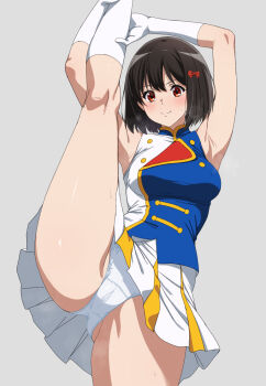 Rule 34 | 1girl, armpits, arms up, black hair, blue shirt, bow, cameltoe, closed mouth, commission, elbow gloves, fuooooo, gloves, grey background, hair bow, hibike! euphonium, highres, hisaishi kanade, kneehighs, looking at viewer, miniskirt, panties, pixiv commission, red bow, red eyes, shirt, short hair, simple background, skirt, sleeveless, sleeveless shirt, smile, socks, solo, split, standing, standing on one leg, standing split, two-tone shirt, two-tone skirt, underwear, white gloves, white panties, white shirt, white skirt, white socks, yellow skirt