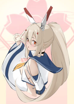 aonossco ayanami_(azur_lane) ayanami_(retrofit)_(azur_lane) azur_lane black_choker blue_sailor_collar choker crop_top crop_top_overhang detached_sleeves from_side headgear high_ponytail highres long_hair looking_at_viewer neckerchief orange_eyes ponytail sailor_collar sakura_empire_(emblem) upper_body v wide_sleeves yellow_neckerchief