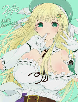 Rule 34 | 1girl, absurdres, aqua eyes, aqua hat, bare shoulders, belt, belt buckle, belt pouch, black ribbon, blonde hair, blunt bangs, blush, body blush, bow, breasts, brown belt, buckle, cleavage, closed mouth, collar, commentary request, dated, detached collar, detached sleeves, dress, dress bow, finger to mouth, frilled dress, frilled gloves, frills, gloves, green background, green hair ornament, green sleeves, hair ornament, hairclip, happy birthday, hat, hat bow, highres, large breasts, long hair, looking at viewer, low neckline, pouch, puffy detached sleeves, puffy sleeves, ribbon, ribbon-trimmed collar, ribbon-trimmed dress, ribbon-trimmed gloves, ribbon trim, ryou.r, senran kagura, senran kagura shoujo-tachi no shin'ei, shiny skin, shoulder blush, simple background, smile, solo, star (symbol), upper body, waist bow, white bow, white collar, white dress, white gloves, yomi (senran kagura)