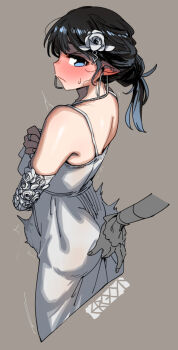 Rule 34 | 1boy, 1other, anal fingering, angry, artist name, bare shoulders, black hair, blue eyes, blush, bremen (ergot), bulge, closed mouth, commentary, dress, ear blush, earrings, erection, erection under clothes, ergot, fingering, fingering from behind, fingering through clothes, flower, hair flower, hair ornament, hoop earrings, jewelry, original, pointy ears, ponytail, solo focus, stained clothes, standing, through clothes, trap, white dress