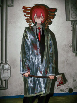 Rule 34 | 1girl, absurdres, alternate costume, american psycho, antenna hair, axe, black jacket, black suit, blood, blood on clothes, blood on face, blood on window, buttons, camera flash, coat, collared shirt, commentary, cosplay, drill hair, expressionless, flat chest, formal clothes, hair between eyes, highres, holding, holding axe, indoors, jacket, kasane teto, lewenxijian, long hair, necktie, open clothes, open coat, pant suit, pants, patrick bateman, patrick bateman (cosplay), raincoat, red eyes, red hair, red necktie, see-through clothes, see-through raincoat, shirt, solo, suit, suit jacket, tube, twin drills, utau, wing collar