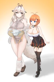 1girl absurdres animal_ears azur_lane bell black_shoes black_thighhighs breasts brown_shoes cleavage closed_mouth commentary_request cooking_pot foxhound_(azur_lane) foxhound_(retrofit)_(azur_lane) full_body grey_jacket highres holding holding_cooking_pot huge_breasts jacket jingle_bell leg_warmers long_hair medium_hair minase_(azur_lane) neck_bell orange_hair oven_mitts pelvic_curtain pigeon_milk shoes smile solo standing thighhighs underboob yellow_eyes