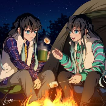 2boys aqua_eyes aqua_hair aqua_hoodie black_hair blue_shirt brothers campfire camping cooking cup fire food grey_pants grill grilling hair_between_eyes hana_ni_nare highres holding holding_cup hood hoodie jacket kimetsu_no_yaiba long_hair long_sleeves male_focus marshmallow multicolored_hoodie multicolored_shirt multiple_boys night night_sky open_clothes open_jacket open_mouth open_shirt pants shirt siblings sitting sky tent tokitou_muichirou tokitou_yuichirou twins white_jacket