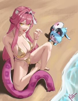 1girl absurdres animal_ear_fluff animal_ears barefoot beach bikini blush breasts chattino_(raora_panthera) cleavage commentary_request gold_bikini golden_week hair_intakes highres hololive hololive_english kitakaama large_breasts long_hair looking_at_viewer multicolored_hair open_mouth panther_ears panther_girl panther_tail pink_hair raora_panthera streaked_hair swimsuit tail virtual_youtuber white_hair yellow_eyes