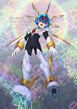 1boy android armor black_bodysuit blue_helmet bodysuit copy_x_(mega_man) forehead_jewel full_body helmet male_focus mechanical_wings mega_man_(series) mega_man_zero_(series) red_eyes solo watermark white_armor white_wings wings yamanashi_taiki