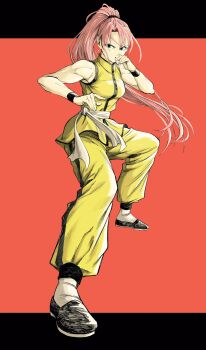1girl breasts commentary_request dougi fighting_stance foreshortening full_body green_eyes high_ponytail highres lee_(dragon_garou) long_hair medium_breasts open_mouth original pants pink_hair ponytail sash serious solo toned toned_female very_long_hair vest white_sash wristband yellow_pants yellow_vest