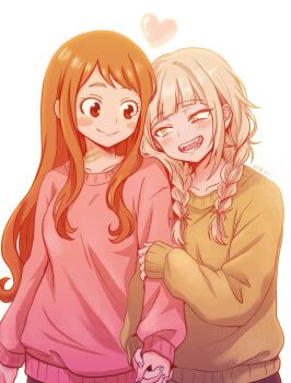 Rule 34 | 2girls, :d, artist name, bandaid, bandaid on neck, blonde hair, blush, blush stickers, boku no hero academia, braid, brown eyes, brown hair, commentary, fangs, grin, hand on another's arm, heart, highres, holding hands, interlocked fingers, long hair, low twin braids, multiple girls, open mouth, pink sweater, qb 0211, smile, sweater, toga himiko, twin braids, uraraka ochako, white background, yellow eyes, yellow sweater, yuri