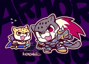 Rule 34 | 2boys, armor king, character name, chibi, chibi only, fangs, flying sweatdrops, full body, gloves, heterochromia, king (tekken), kotorai, male focus, mask, multiple boys, outline, signature, tekken, watermark, white outline, wrestling outfit