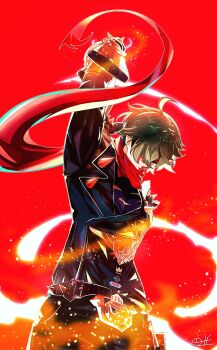1boy absurdres ahoge arm_up belt belt_buckle black_belt black_jacket black_pants buckle cowboy_shot green_eyes green_hair highres jacket lapels lighter_(zenless_zone_zero) looking_at_viewer male_focus notched_lapels pants parted_lips red_background red_scarf scarf signature solo spiked_jacket zenless_zone_zero zeroartwo
