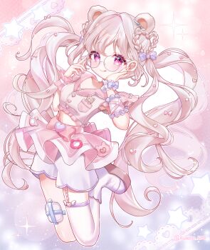 1girl animal_ears bear_ears boots bow braid closed_mouth commission crop_top full_body glasses hair_bow hair_ornament heart heart_hair_ornament highres kumono_ame long_hair looking_at_viewer original pink_eyes pink_skirt sensitive shirt short_sleeves shorts single_thighhigh skirt smile solo thighhighs tongue tongue_out twintails very_long_hair white_shorts