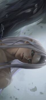 1boy bare_shoulders black_wings closed_mouth collarbone commentary english_commentary final_fantasy final_fantasy_vii gradient_background green_eyes grey_hair highres lips long_bangs long_hair looking_at_viewer male_focus nude parted_bangs sephiroth sideways signature single_wing slit_pupils solo upper_body wings zureiil