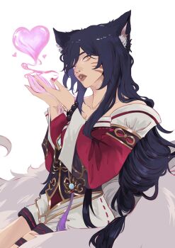 1girl ahri_(league_of_legends) animal_ear_fluff animal_ears bare_shoulders blowing_kiss collarbone commentary cowboy_shot cropped detached_sleeves english_commentary facial_mark fox_ears fox_girl fox_tail frendraw hands_up heart highres kitsune korean_clothes league_of_legends long_hair looking_at_viewer low-tied_long_hair multiple_tails parted_lips purple_hair simple_background slit_pupils solo tail thigh_strap whisker_markings white_background white_tail yellow_eyes