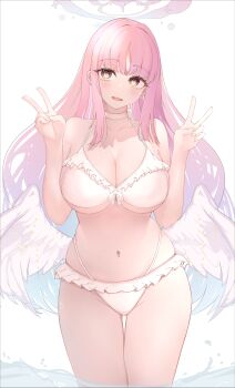 1boy absurdres angel_wings asaikeu bikini blue_archive blue_hair blush breasts choker cleavage commentary cowboy_shot double_v feathered_wings gradient_hair halo halterneck hands_up highleg highleg_bikini highres large_breasts long_sleeves low_wings mika_(blue_archive) mika_(swimsuit)_(blue_archive) multicolored_hair navel open_mouth pink_hair pink_halo simple_background solo stomach swimsuit thighs v white_background white_bikini white_choker white_wings wings yellow_eyes