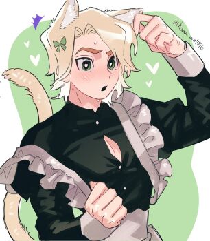 1boy :o alternate_costume animal_ear_fluff animal_ears animification apron arm_up artist_name black_dress blonde_hair blush border bow bright_pupils cat_boy cat_ears cat_tail commentary_request crossdressing crossdressing_(mtf) dress enmaided frilled_apron frills green_background green_bow green_eyes haaa_om007ls hair_bow hand_up heart heart-shaped_pupils highres juliet_sleeves kemonomimi_mode korean_commentary lloyd_garmadon long_sleeves maid male_focus male_maid ninjago open_mouth outside_border partially_unbuttoned pectoral_cleavage pectorals puffy_sleeves short_hair simple_background solo sweat symbol-shaped_pupils tail the_lego_group twitter_username upper_body white_apron white_border white_pupils wide-eyed