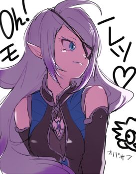 1girl bad_id bad_pixiv_id bare_shoulders black_shirt blue_eyes blue_eyeshadow blue_hair blue_lips breasts commentary eyepatch eyeshadow hilary_flail inazuma_eleven_(series) inazuma_eleven_go inazuma_eleven_go_galaxy long_hair looking_to_the_side makeup medium_breasts multicolored_hair pointy_ears purple_hair shirt sleeveless sleeveless_shirt smile solo two-tone_hair user_7651883 very_long_hair white_background