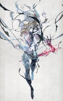 1girl bandages holding holding_sword holding_weapon muscular muscular_female navel original qi1san solo sword torn_clothes weapon