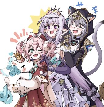 Rule 34 | +++, 3girls, ;d, ^ ^, animal ear fluff, animal ears, animal hood, beret, bow, breasts, castorice (honkai: star rail), cat ears, cat hood, cat tail, cipher (honkai: star rail), closed eyes, commentary request, crown, dress, drill hair, earrings, flower, gloves, gradient hair, grey hair, hand on another's ear, hand on another's shoulder, hat, highres, honkai: star rail, honkai (series), hood, hyacine (honkai: star rail), jewelry, leotard, little ica (honkai: star rail), long hair, medium hair, mini crown, multicolored hair, multiple girls, one eye closed, open mouth, pink hair, pointy ears, purple eyes, purple hair, ribbon, single earring, smile, streaked hair, surprised, tail, tiara, tong (tong17687359), twin drills, very long hair, white background, wings