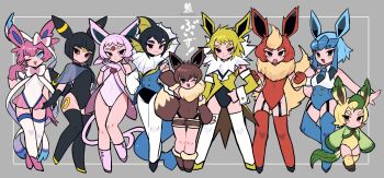 6+girls :3 animal_ears arm_tattoo arm_up black_eyes black_footwear black_garter_straps black_gloves black_hair black_leotard black_thighhighs blonde_hair blue_eyes blue_hair blue_jacket blue_necktie blue_tail blue_thighhighs blunt_bangs blush_stickers bob_cut boots bow bowtie brown_eyes brown_footwear brown_hair brown_shorts brown_sleeves chest_jewel clenched_hands closed_mouth collared_leotard colored_sclera covered_navel cropped_jacket crossed_legs detached_sleeves dot_mouth eevee eevee_ears eevee_tail espeon evolutionary_line facial_mark fang fins flareon flats fluff forehead_jewel forehead_mark full_body fur_trim garter_straps gen_1_pokemon gen_2_pokemon gen_4_pokemon gen_6_pokemon glaceon gloves green_hair grey_background hacco_mayu hair_bow hand_on_own_hip head_fins highres humanization jacket jolteon knees_together_feet_apart leafeon leg_tattoo leotard long_sleeves looking_at_viewer multicolored_hair multiple_girls neck_ruff necktie nintendo one_eye_closed open_mouth pantyhose pink_boots pink_gloves pink_hair pokemon poncho puffy_short_sleeves puffy_sleeves purple_eyes purple_gloves purple_hair purple_leotard purple_socks red_gloves red_hair red_sclera red_thighhighs see-through_clothes shoes short_hair short_hair_with_long_locks short_sleeves shorts sleeveless sleeveless_jacket sleeveless_turtleneck_leotard sleeves_past_fingers sleeves_past_wrists smirk socks forked_tail sylveon tailcoat tattoo thighhighs umbreon vaporeon white_bow white_leotard white_pantyhose white_sleeves white_thighhighs yellow_jacket yellow_leotard yellow_shoes yellow_sleeves yellow_socks