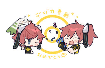 Rule 34 | 1boy, 1girl, aiba ami, aiba takumi, black shirt, closed eyes, commentary request, confetti, digimon, digimon card game, digimon story: cyber sleuth, goggles, goggles on head, highres, moch ka game, one eye closed, open mouth, red hair, shirt, simple background, terriermon, translation request, white background, yellow shirt