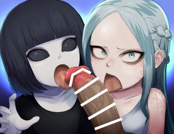 1boy 2girls 4066 aqua_eyes bar_censor black_hair black_sclera black_shirt blue_background burn_scar censored collarbone colored_sclera colored_skin cooperative_fellatio dress embarrassed emily_wants_to_play eyeliner fellatio ffm_threesome gradient_background grey_hair group_sex hetero loli long_hair looking_at_viewer makeup medium_hair monster_girl multiple_girls open_mouth oral pale_skin penis pov pov_crotch scar shirt short_sleeves simple_background sleeveless sleeveless_dress teamwork_(sexual) threesome tongue tongue_out upper_body variant_set white_dress white_eyes white_skin