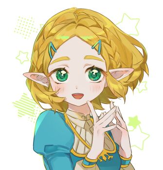 1girl blonde_hair blue_shirt bob_cut braid commentary_request crown_braid didi_en_ilu gold_trim green_eyes hands_up highres juliet_sleeves korean_commentary long_sleeves looking_at_viewer nintendo open_mouth own_hands_together pointy_ears princess_zelda puffy_sleeves shirt short_hair smile solo star_(symbol) star_symbol_background steepled_fingers the_legend_of_zelda the_legend_of_zelda:_tears_of_the_kingdom white_background