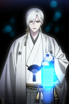Rule 34 | 1boy, black nails, bridal gauntlets, closed mouth, commentary request, cowboy shot, earrings, fox mask (silent hill), grey hair, grey lips, hair between eyes, hair over shoulder, highres, holding, holding lantern, japanese clothes, jewelry, lantern, light smile, long hair, looking at viewer, low ponytail, magu other, male focus, nail polish, parted bangs, ponytail, robe, silent hill (series), silent hill f, simple background, single earring, solo, tassel, tassel earrings, white hair, white robe