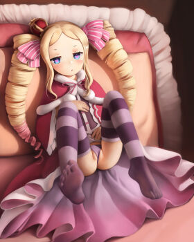 1girl absurdres beatrice_(re:zero) blonde_hair blush bow butterfly-shaped_pupils cameltoe crown crumbles drill_hair feet fur_trim hair_bow highres knees_up loli long_hair mini_crown multicolored_hair no_shoes panties parted_lips partially_visible_vulva pink_bow pink_panties pink_thighhighs purple_panties re:zero_kara_hajimeru_isekai_seikatsu sitting solo striped_clothes striped_thighhighs symbol-shaped_pupils thighhighs toes underwear wedgie