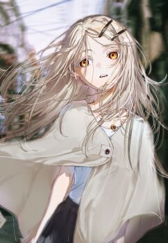 1girl absurdres blonde_hair blurry camisole depth_of_field gakuen_idolmaster hanozuku highres idolmaster jewelry long_hair looking_to_the_side necklace open_mouth orange_eyes shawl shinosawa_hiro skirt solo wind