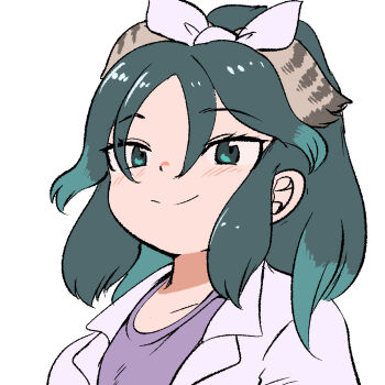 1girl blush breasts closed_mouth coat green_eyes green_hair hair_ornament kako_(kemono_friends) kemono_friends large_breasts long_hair looking_at_viewer mcgunngu purple_shirt ribbon shirt simple_background solo upper_body white_coat white_ribbon