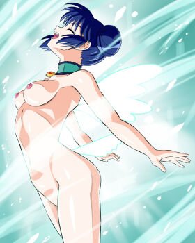 1girl aizawa_mint asu_(hengaya) bird_tail blue_hair breasts choker closed_eyes completely_nude double_bun feathered_wings hair_bun henshin highres medium_breasts mew_mint navel nipples nude solo tail teeth tokyo_mew_mew upper_teeth_only wings