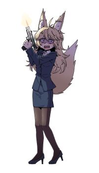 ahoge animal_ears black_pantyhose blazer blonde_hair blue_eyes blue_skirt button_up_skirt buttons commission commissioner_upload fang finger_on_trigger firing fox_ears fox_girl fox_tail full_body gun high_heels highres holding holding_gun holding_weapon jacket karepack kino_(senkoin) knees_together_feet_apart legs_together long_hair messy_hair non-web_source office_lady open_mouth original pantyhose pencil_skirt shell_casing shirt skirt small_pupils surprised sweatdrop tail thighs weapon white_shirt