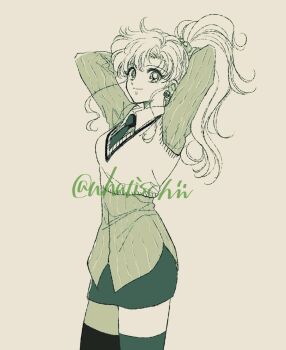 1girl arms_up bishoujo_senshi_sailor_moon black_skirt collared_shirt cropped_vest earrings flower_earrings fukujaku hair_bobbles hair_ornament highres jewelry kino_makoto long_hair long_sleeves monochrome necktie ponytail shirt skirt smile solo sweater thighhighs vest