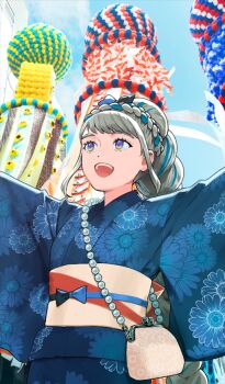 1girl :d bag blue_kimono braid commentary_request crown_braid day fate/grand_order fate_(series) floral_print game_cg grey_hair handbag japanese_clothes johanna_(fate) johanna_(over_the_same_sky)_(fate) kimono long_hair multicolored_hair obi official_art open_mouth outdoors outstretched_arms photo_background print_kimono purple_eyes sash shoulder_bag smile solo spread_arms takenashi_eri third-party_source two-tone_hair upper_body very_long_hair