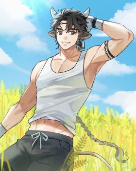 1boy animal_ears arknights arm_behind_head arm_up armpit_hair black_hair black_pants blue_sky cloud cloudy_sky collarbone commentary_request cow_ears cow_horns hand_on_own_head highres horns korean_commentary looking_at_viewer male_focus muscular muscular_male pangpang_0327 pants pectoral_cleavage pectorals ponytail sky smile tank_top wan_qing_(arknights) wan_qing_(tons_of_sunshine)_(arknights) white_tank_top
