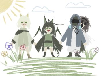 10_shii 1other 3girls ahoge ambiguous_gender animal_ears arknights black_hair black_hairband blue_coat cat_ears cat_girl cloud coat commentary day doctor_(arknights) dress english_commentary flower full_body green_dress green_eyes green_hair hairband highres hood hood_up hooded_coat huge_ahoge kal&#039;tsit_(arknights) looking_at_viewer mon3tr_(arknights) multiple_girls open_mouth outdoors priestess_(arknights) smile standing sunlight tail