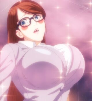 1girl absurdres anime_screenshot black-framed_eyewear blazer blue_eyes blush blush_stickers bouncing_breasts breasts brown_hair business_suit collared_shirt female_focus formal_clothes glasses highres jacket large_breasts lips long_hair long_sleeves looking_at_viewer open_mouth shirt solo sparkle stitched suit teeth third-party_edit toujima_tanzaburou_wa_kamen_rider_ni_naritai upper_body very_long_hair yuriko_okada