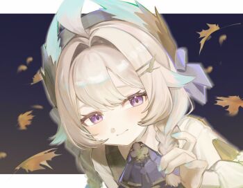 1girl ahoge aqua_hair ascot autumn autumn_leaves beret blonde_hair blush braid dress enna_alouette enna_alouette_(fall_casual) falling_leaves fukasigi64 green_dress hair_intakes hashtag-only_commentary hat head_wings highres leaf light_smile looking_at_viewer low_twin_braids medium_hair multicolored_hair nijisanji nijisanji_en plaid_clothes plaid_dress playing_with_own_hair purple_ascot purple_eyes solo streaked_hair twin_braids virtual_youtuber wings