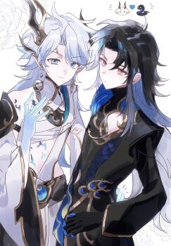 Rule 34 | 2boys, absurdres, black gloves, black hair, black shirt, blue eyes, chest sarashi, chinese commentary, colored extremities, commentary request, cowboy shot, curtained hair, gloves, hand on own hip, hand up, highres, horns, long hair, looking at viewer, male focus, multicolored hair, multiple boys, red eyes, sarashi, shirt, sima yi (wangzhe rongyao), simple background, smile, two-tone hair, wangzhe rongyao, white background, white hair, white shirt, zhoufuyechu, zhuge liang (wangzhe rongyao)