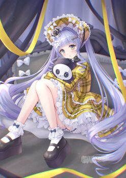 1girl absurdres allymidorikawa blush bone_hair_ornament bonnet dress drill_hair hair_ornament hairclip hat highres hugging_object indoors long_hair long_sleeves looking_at_viewer plaid_clothes plaid_dress platform_shoes purple_hair shorts sitting solo stuffed_toy very_long_hair virtual_youtuber vspo! white_shorts yano_kuromu yellow_dress yellow_eyes yellow_hat