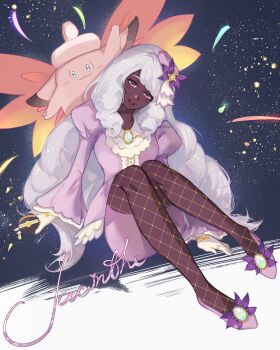 Rule 34 | 1girl, :d, absurdres, character name, clefable, commentary, dark-skinned female, dark skin, dress, fishnet pantyhose, fishnets, gen 1 pokemon, gloves, grey hair, head tilt, highres, holding, holding poke ball, innolays, jacinthe (pokemon), knees, long hair, long sleeves, luxury ball, mega clefable, nintendo, open mouth, pantyhose, poke ball, pokemon, pokemon (creature), pokemon legends: z-a, puffy sleeves, purple dress, shoes, smile, teeth, tilted headwear, upper teeth only, white gloves