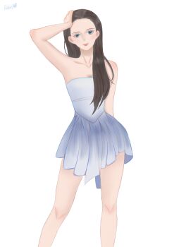 Rule 34 | 1girl, bare shoulders, black hair, blue eyes, chinese commentary, closed mouth, commentary request, dress, eyelashes, hair behind ear, highres, long hair, looking at viewer, nico robin, one piece, short dress, simple background, smile, solo, white background, yang77780185