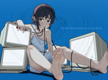 1girl barefoot black_eyes black_hair blush eflo_(794753336) feet iwakura_lain medium_hair monitor parted_lips screwdriver serial_experiments_lain soles strap_slip toes
