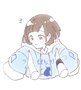 2girls :o artist_self-insert blue_jacket brown_eyes brown_hair commentary cropped_torso english_commentary hair_behind_ear hololive hololive_english hood hoodie jacket lifting_person looking_down mori_calliope multiple_girls nail_polish oc_x_canon pink_nails short_hair solo_focus upper_body virtual_youtuber white_background white_hoodie wristband yoruny