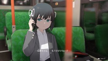 1girl aqua_eyes bag black_hair bus button_prompt cellphone drone fake_screenshot hair_ribbon highres lost_property_control_organization_(samidare) motor_vehicle phone protagonist_(lost_property_control_organization) rain ribbon samidare_(hoshi) school_bag shirt short_hair smartphone t-6407j_(samidare) translated user_interface white_ribbon white_shirt