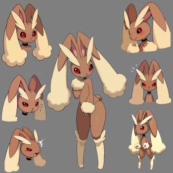 Rule 34 | :<, :o, ?, animal nose, artist request, black choker, black sclera, body fur, brown fur, choker, closed mouth, colored sclera, gen 4 pokemon, heart, lopunny, multiple views, nintendo, pokemon, pokemon (creature), rabbit ears, rabbit tail, red eyes, simple background, smile, standing, thighs, two-tone fur, wide hips, yellow fur